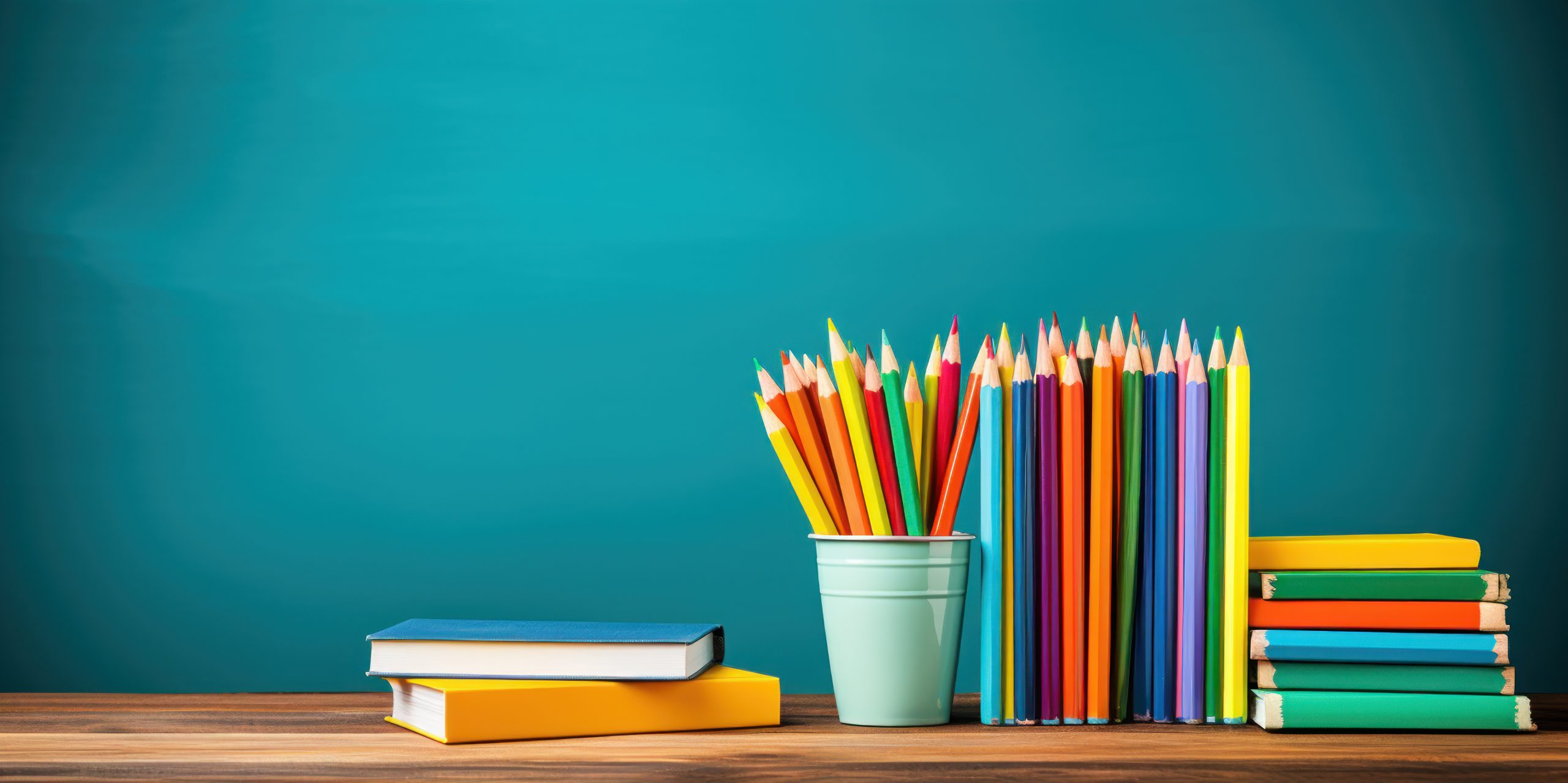 Pencils in a wire holder on books, near a chalkboard. back to sc